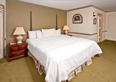 White bed in room with green carpet